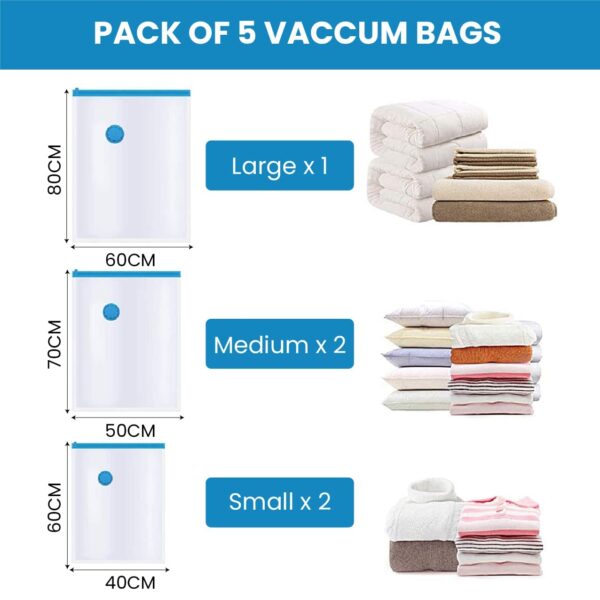 2 Set Total (10 pcs) Heavy Duty Air Tight Space Saver Vacuum Bags for Travel and Cloths Storage, 5 Pcs, 2 Small, 2 Medium, 1 Large, Random Colour - Image 8