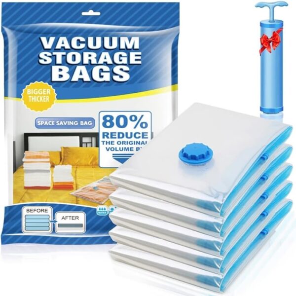 2 Set Total (10 pcs) Heavy Duty Air Tight Space Saver Vacuum Bags for Travel and Cloths Storage, 5 Pcs, 2 Small, 2 Medium, 1 Large, Random Colour