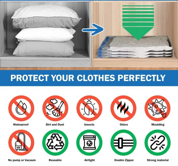 2 Set Total (10 pcs) Heavy Duty Air Tight Space Saver Vacuum Bags for Travel and Cloths Storage, 5 Pcs, 2 Small, 2 Medium, 1 Large, Random Colour - Image 3