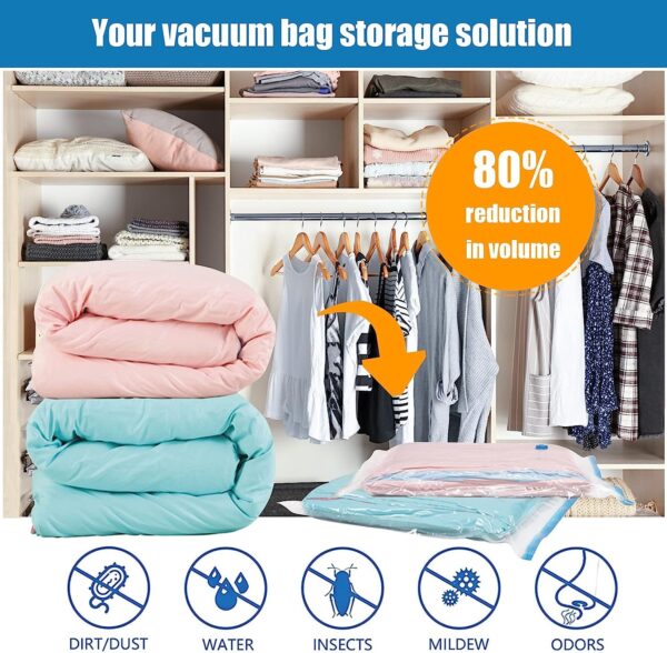 2 Set Total (10 pcs) Heavy Duty Air Tight Space Saver Vacuum Bags for Travel and Cloths Storage, 5 Pcs, 2 Small, 2 Medium, 1 Large, Random Colour - Image 4